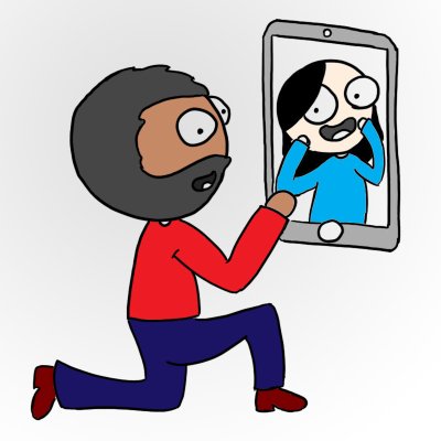 Sushovan on one knee holding a phone on which Rishika can be seen, both hands to her face